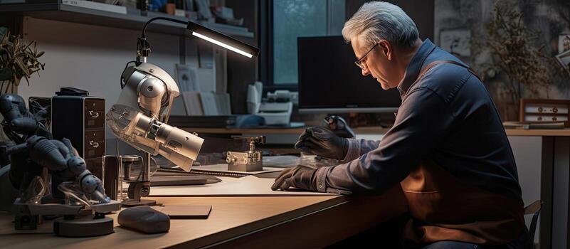 Senior man creating arm prosthetics in workshop and using computer with copy space shown in profile photo
