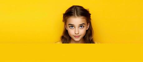 Motivated adolescent girl isolated portrait on yellow background horizontal poster photo