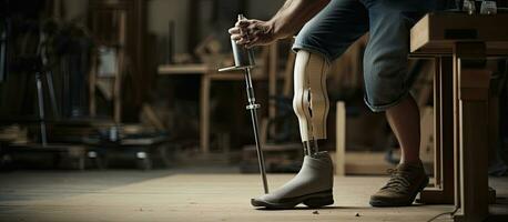 Craftsman creating leg prosthetics in workshop with copy space photo