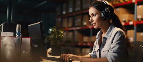 Female warehouse staff member with headset processing customer orders photo