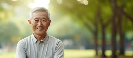 Asian elderly man smiling in park Korean pensioner standing with arms crossed outdoors photo