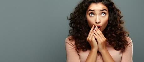 A young woman looking happy shocked and surprised covering her mouth and pointing to empty space to the side photo