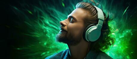 A happy DJ style man with closed eyes dancing and singing while wearing headphones on a green background with neon light photo