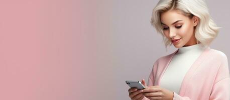 Blonde young woman using smartphone holding cell phone Copy space for banner design concept photo