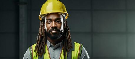 grave africano masculino ingeniero con barba y rastas vistiendo la seguridad engranaje en pie para retrato al aire libre Copiar espacio disponible foto