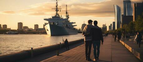 LGBT couple visiting Puerto Madero in Buenos Aires Argentina embrace travelers photo