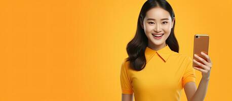 Asian woman in her 30s happy and using smartphone pointing to empty space on yellow background for new mobile app idea photo