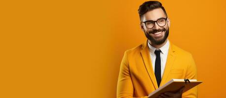 Portrait of a smiling student taking notes with a beard on an orange background Symbolizing business strategy startup idea and time management photo