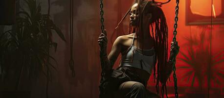 Smiling woman with colorful dreadlocks sitting on swing in well lit room with houseplant in foreground Empty area for text photo