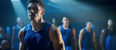 Basketball players in blue attire playing at gym photo