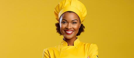 Smiling African American female chef holding oven mitt against yellow background photo