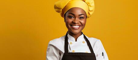 Joyful African American female cook in uniform and hat happily glancing at oven mitt on hand posing with delight in yellow studio backdrop photo