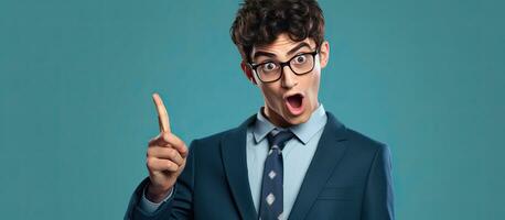 High school student in suit and glasses shocked and pointing at camera photo