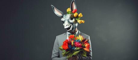 Man in suit wearing donkey mask holding tulips against grey wall backdrop Advertising entertainment fun celebration photo