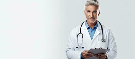 Male doctor in lab coat holding a clipboard smiles and looks at camera on white background space for text positive health outcome photo