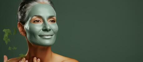 Middle aged woman with a green facial mask pointing to blank space on isolated background The powder color backdrop enhances beauty and skincare aesthetic photo
