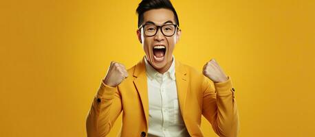 contento asiático hombre celebrando éxito emocionado milenario masculino en lentes compartiendo positivo emociones foto