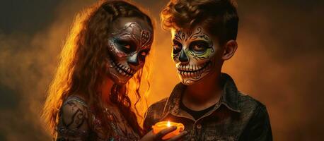 Young witch and sugar skull boy with skeleton and sign Halloween celebration with costumes make up and hairstyle Studio portrait with colorful lighting photo
