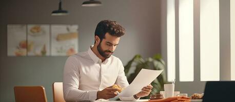 Middle Eastern man eating takeout food at office and reading documents side view portrait photo