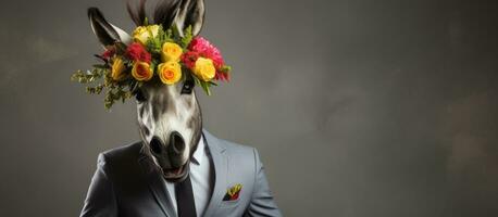 Man in suit wearing donkey mask holding tulips against grey wall backdrop Advertising entertainment fun celebration photo