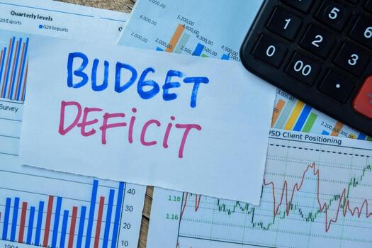 Concept of Budget Deficit write on sticky notes isolated on Wooden Table. photo