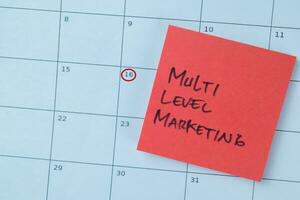 Concept of Multi Level Marketing write on sticky notes isolated on Wooden Table. photo