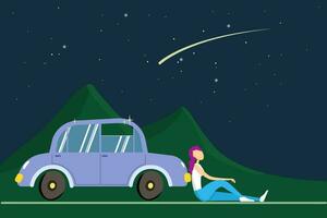 Girl sitting near Car and looking at the night starry sky. Romantic lonely mood, be with yourself and reflect. Vector illustration for advertising carsharing or car rental and purchase