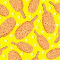 Vector seamless pattern orange ice cream on stick with popsicles on yellow background.