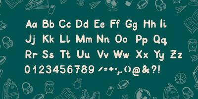 Back to school typeset on green chalkboard. Education modern typeface with numbers. Stylized white isolated characters on board. Hand drawn typeset in flat style. Ideal for school lettering design vector