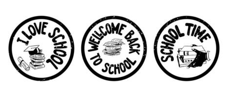 Back to school retro groovy grunge stamps. Set of round compositions with text about returning to school and books with paint splashes. Perfect as stickers, printouts, tshirt graphic vector