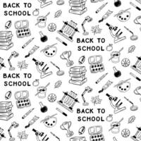 Back to school doodle elements seamless pattern. Minimalistic sketch pattern. Black isolated elements on white background. Ideal for decoration, textile, wrapping paper, background, greetings vector