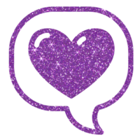 lila glitter hjärta i Tal bubbla på transparent bakgrund. meddelande bubbla med hjärta. design för dekoration, bakgrund, tapet, illustration. png