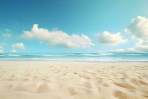 mar playa con blanco arena playa azul cielo con nubes, verano fiesta fondo, ai generar foto