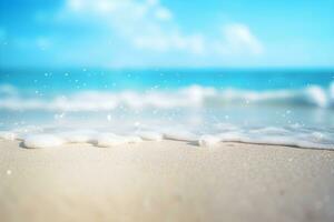 Sea beach with white sand beach blue sky with clouds, Summer Holiday background, AI generate photo