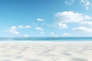 Sea beach with white sand beach blue sky with clouds, Summer Holiday background, AI generate photo