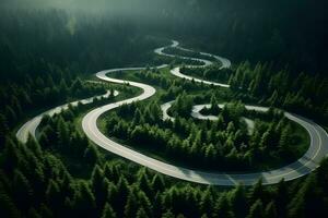 aerial view curve of winding road in the mountains with trees, AI generate photo