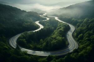 aéreo ver curva de devanado la carretera en el montañas con árboles, ai generar foto