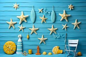 Summer Holiday Banner beach theme with beach accessories on a blue wood background, AI generate photo