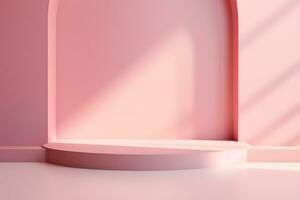 blank stage for display of presentation product with pink wall room with shadow and light from windows, in the style of minimalist background, modern interior concept, AI generate photo