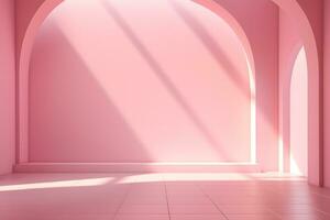 blank stage for display of presentation product with pink wall room with shadow and light from windows, in the style of minimalist background, modern interior concept, AI generate photo