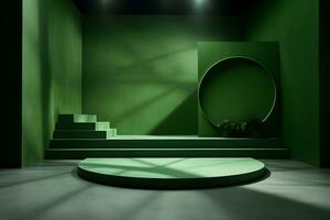 empty room with green wall and blank stage for display of presentation product, with shadow and light from windows, in the style of minimalist background, modern interior concept, AI generate photo