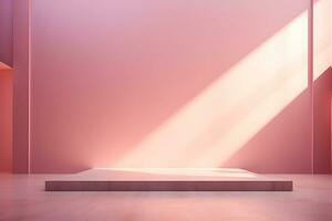 blank stage for display of presentation product with pink wall room with shadow and light from windows, in the style of minimalist background, modern interior concept, AI generate photo