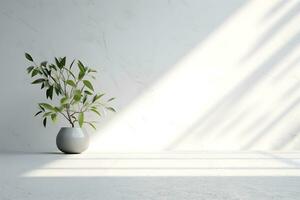 White wall room for display of presentation product with windows showing sunlight, vase and pot with a plant in the style of minimalist background, modern interior concept, AI generate photo