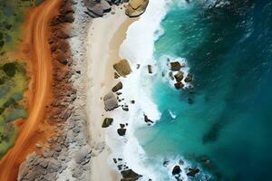 top view roads on a sea beach and the ocean, AI generate photo