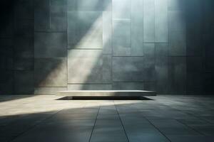 blank stage for display of presentation product with cement wall room with shadow and light from windows, in the style of minimalist background, modern interior concept, AI generate photo