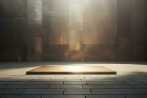 blank stage for display of presentation product with cement wall room with shadow and light from windows, in the style of minimalist background, modern interior concept, AI generate photo