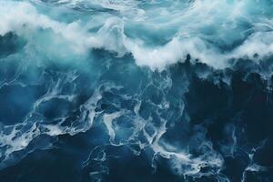 Top view of blue frothy sea surface. Shot in the open sea from above. AI generate photo