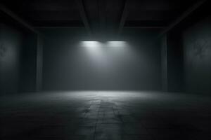 empty room with a wall and light studio room, dark interior texture for display products. wall background. AI generate empty dark wall room with spotlight photo