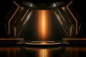 3D stage with bright golden light shining from a dark background, ai generate photo