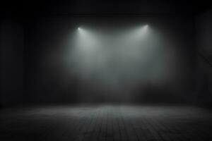 empty room with a wall and light studio room, dark interior texture for display products. wall background. AI generate empty dark wall room with spotlight photo